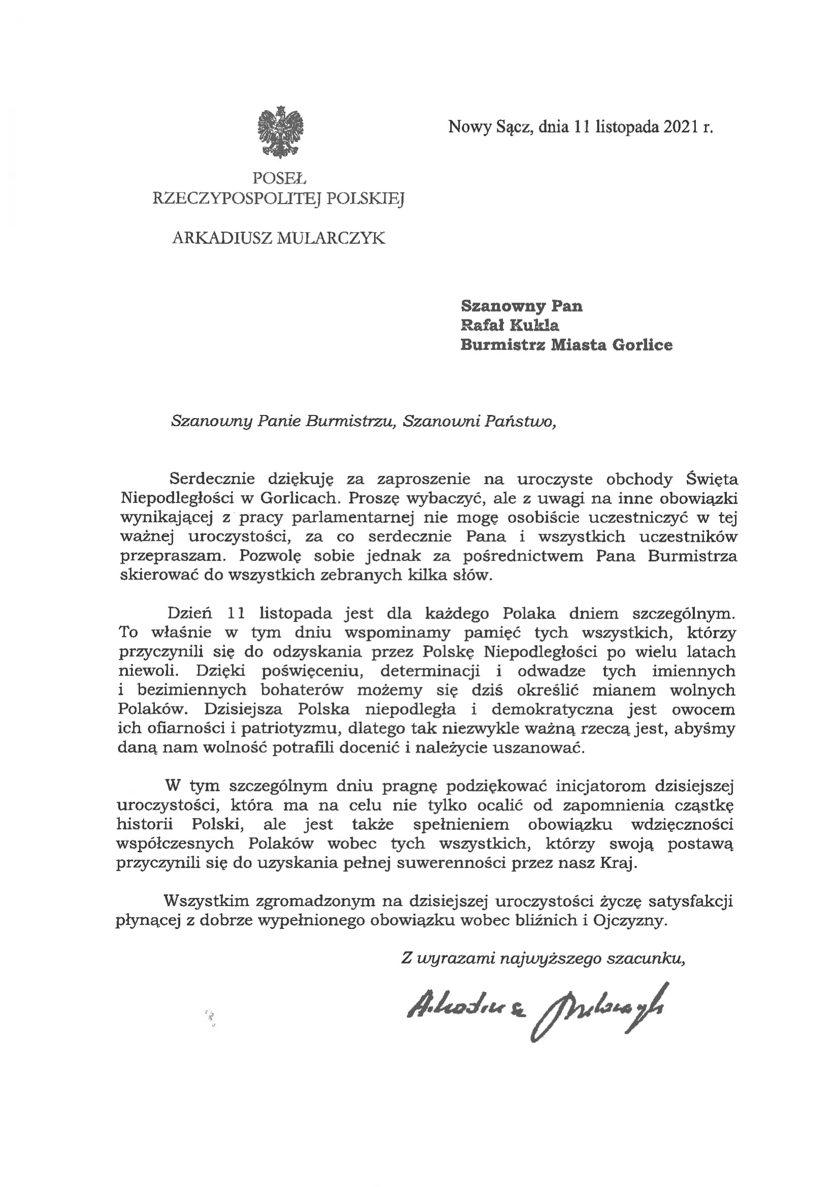 List okolicznościowy Posła na Sejm RP Arkadiusza Mularczyka