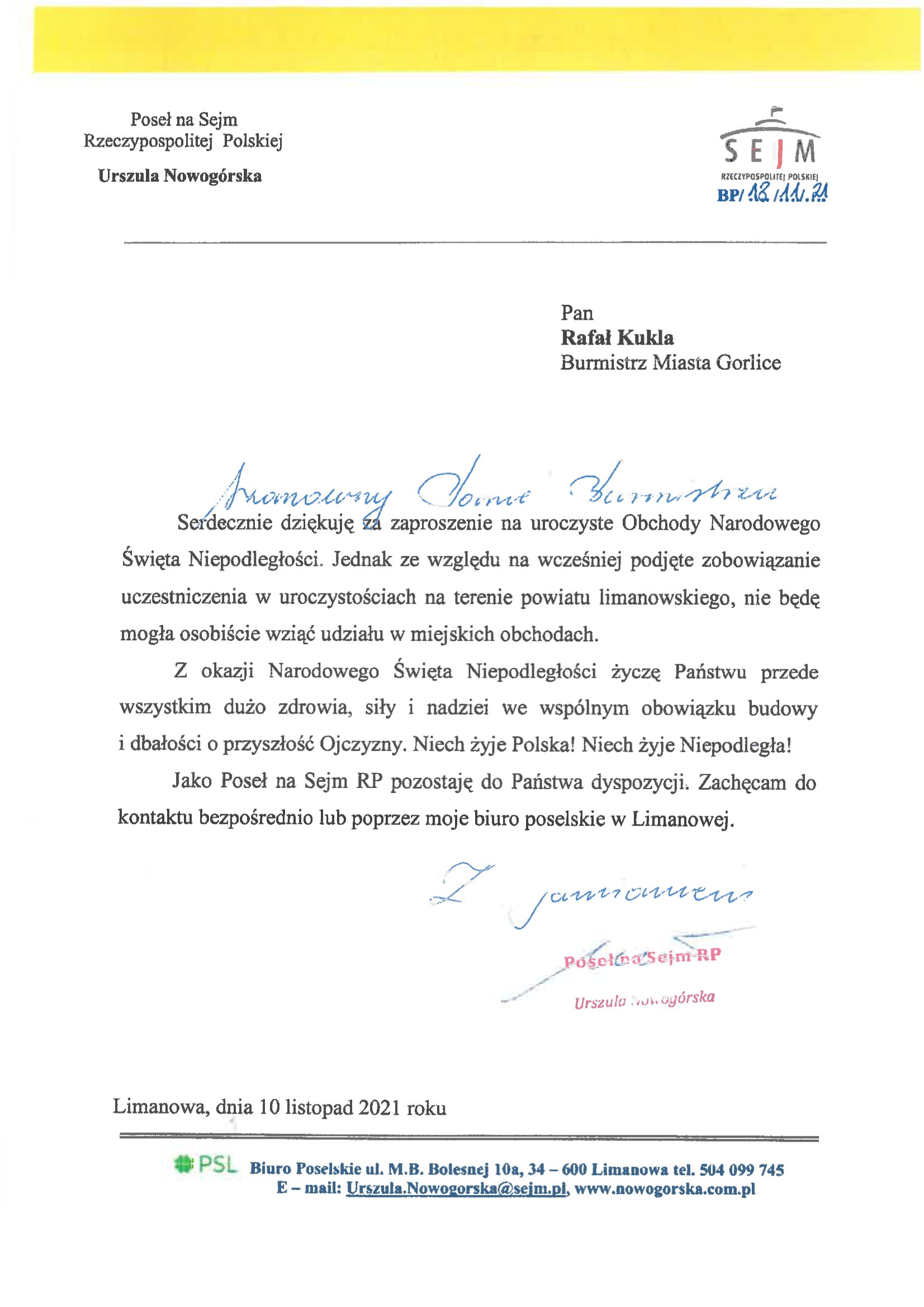 List okolicznościowy Poseł na Sejm RP Urszuli Nowogórskiej