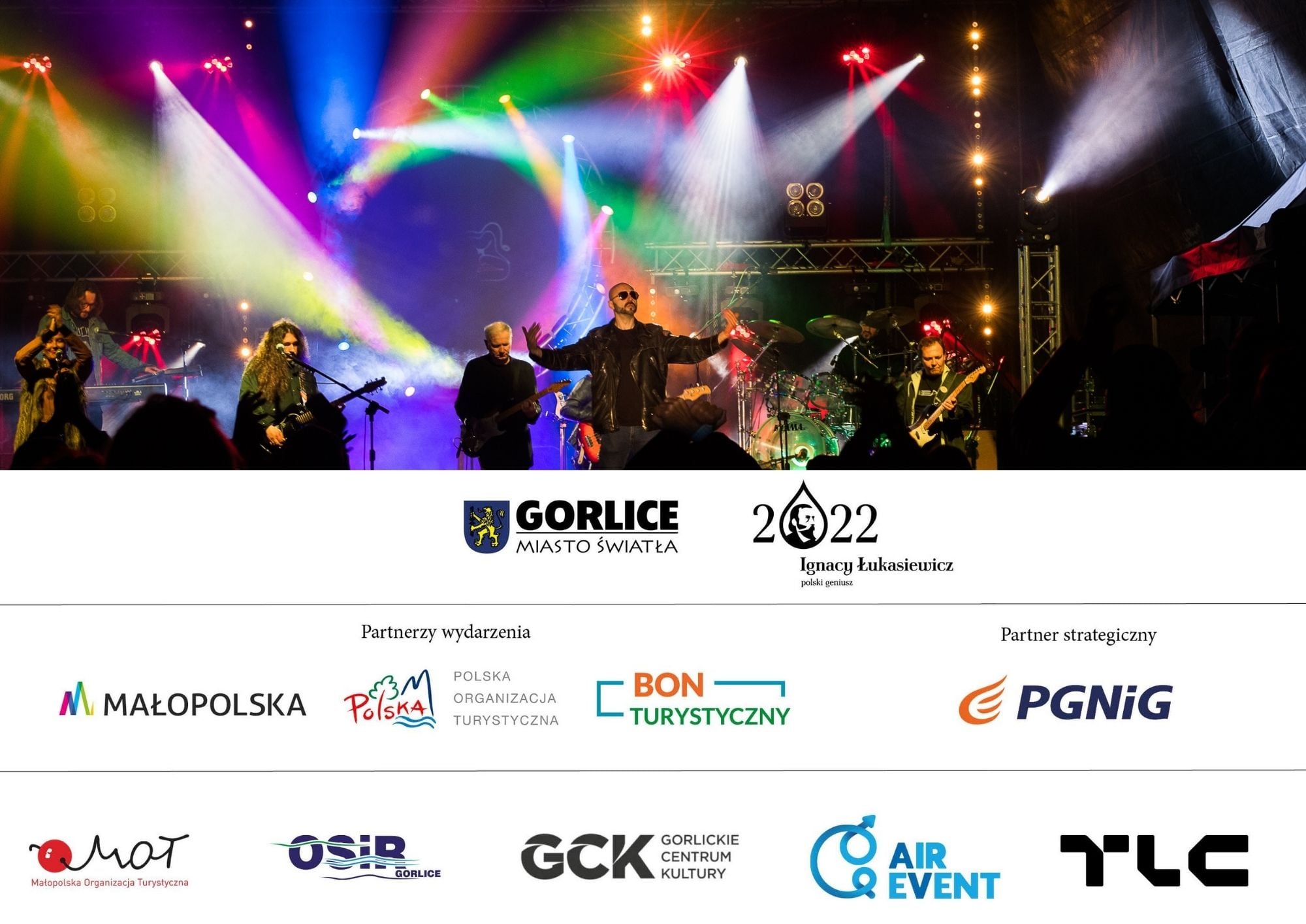 Koncert Another Pink Floyd wraz z logotypami Partnerów - PGNiG, Województwa Małopolskiego, POT i MOT