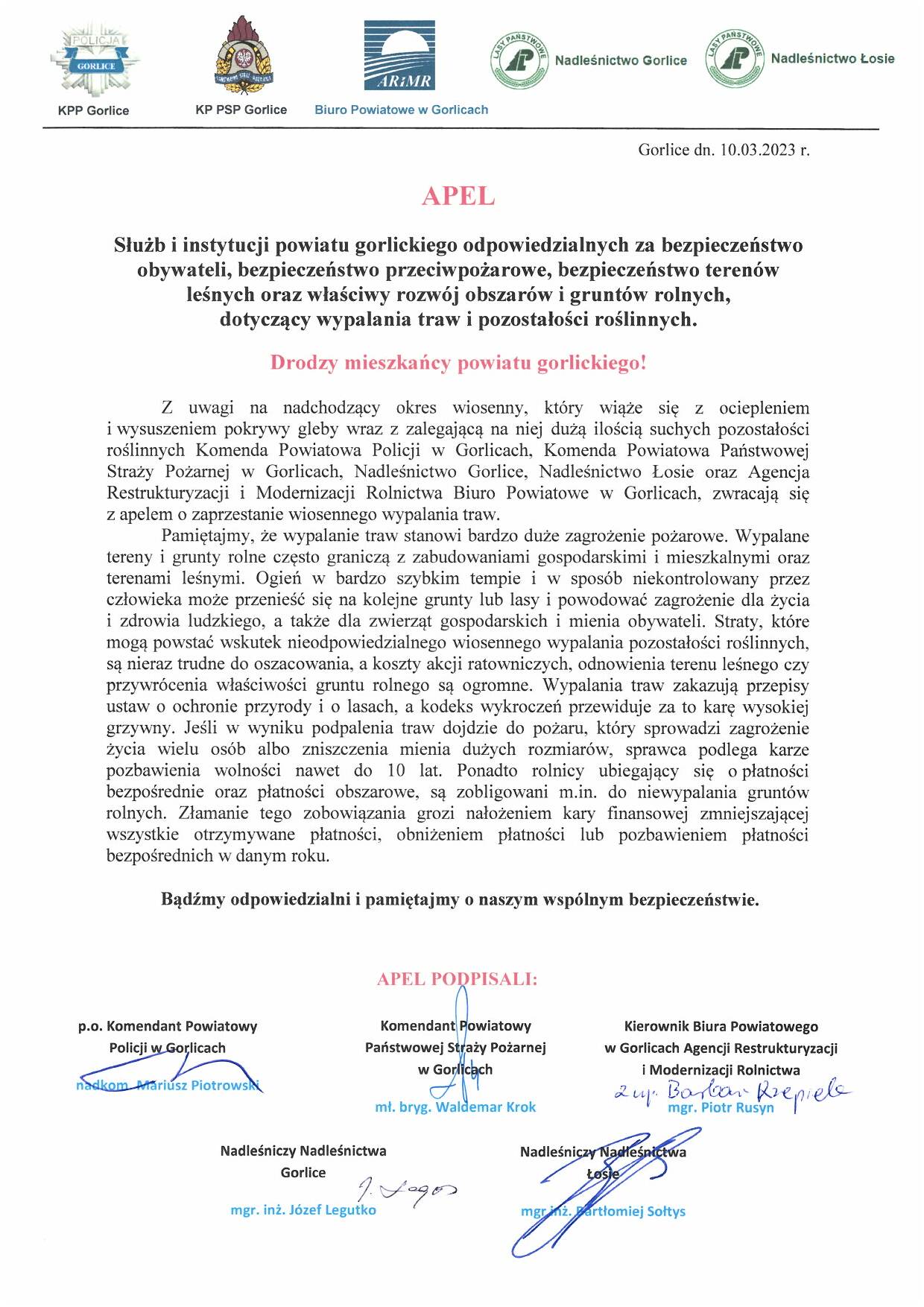 Apel słuzb - fotografia wersji papierowej z podpisani