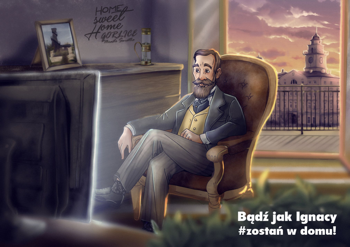 Grafika z Ignacym Łukasiewiczem siedzącym na fotelu w domu.