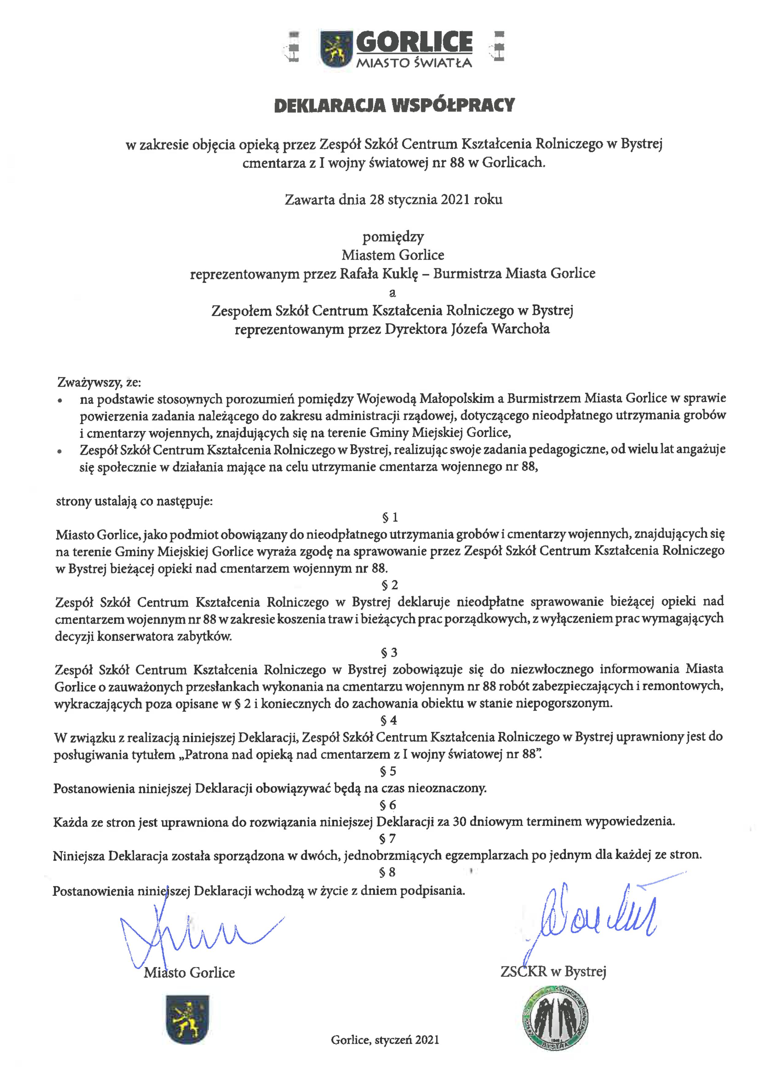 DEKLARACJA WSPÓŁPRACY W ZAKRESIE OBJĘCIA OPIEKĄ CMENTARZA NR 88