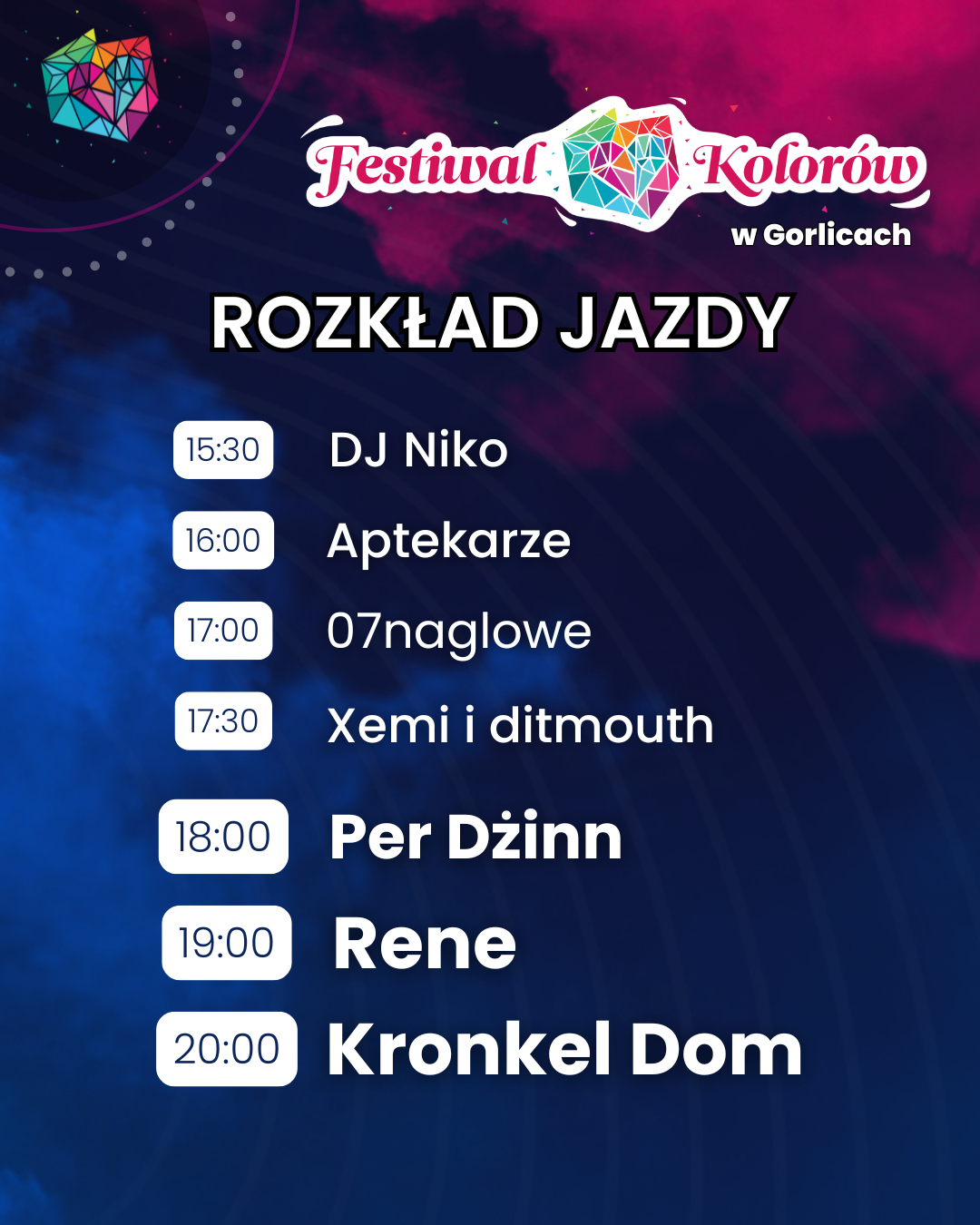 Harmonogram występów artystów podczas Festiwalu Kolorów.