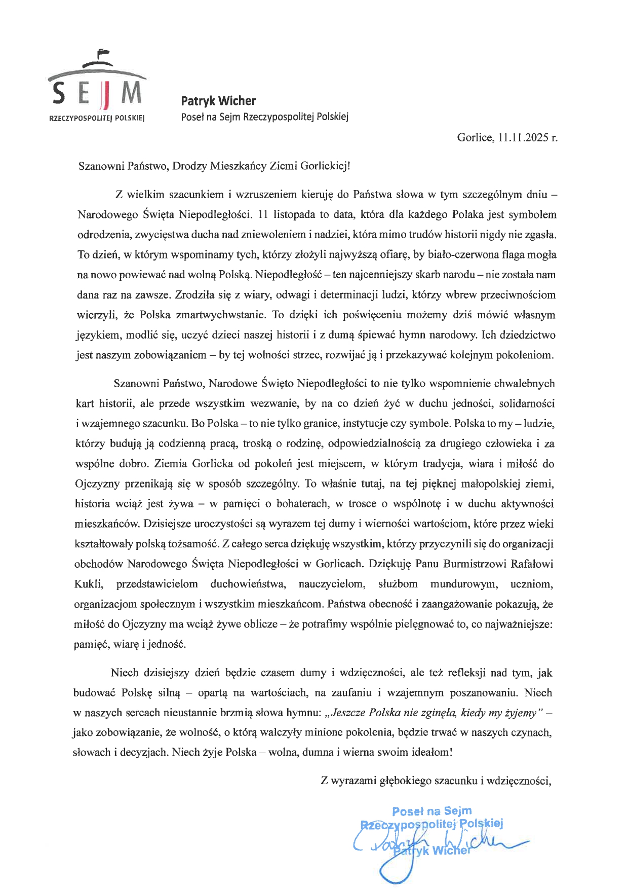 List okolicznościowy Posła na Sejm Patryka Wichera