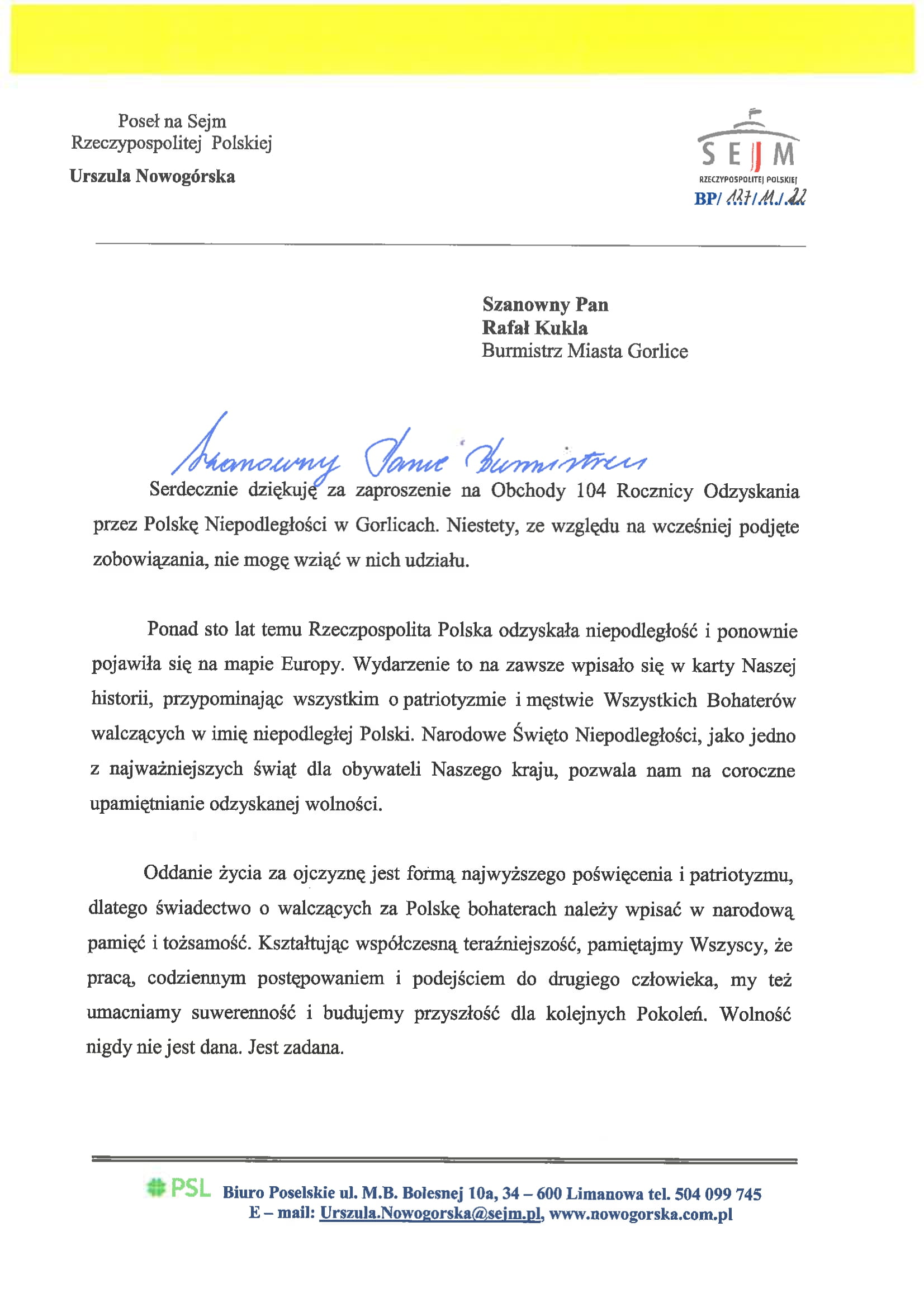 List okolicznościowy Poseł na Sejm RP Urszuli Nowogórskiej 1/2