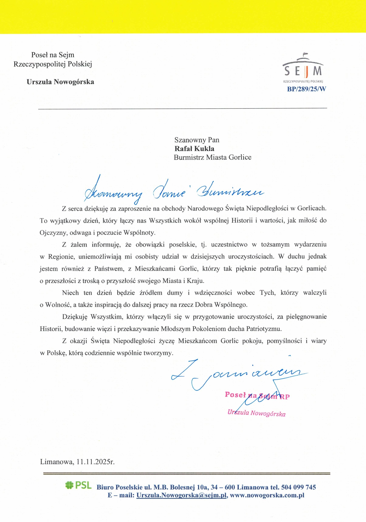 List okolicznościowy Poseł na Sejm Urszuli Nowogórskiej