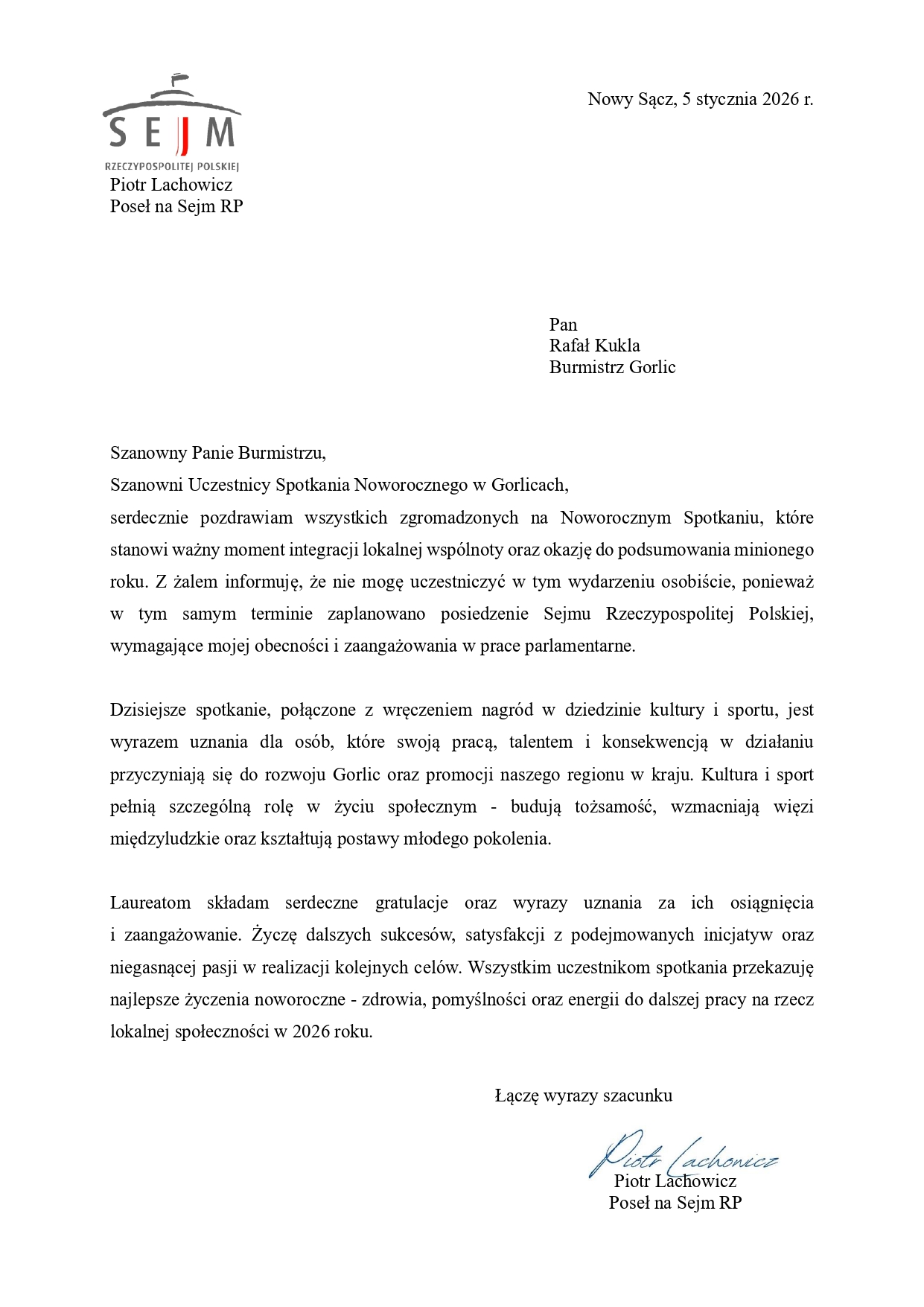 List okolicznościowy Posła na Sejm Piotra Lachowicza