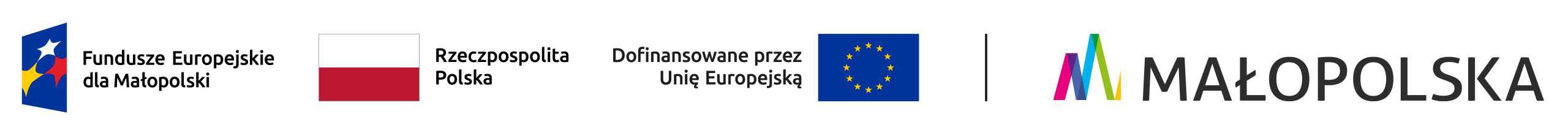 Logotypy - od lewej: Fundusze Europejskie dla Małopolski, flaga Rzeczypospolitej Polsiej, flaga Unii Europejskiej, logo Małopolski