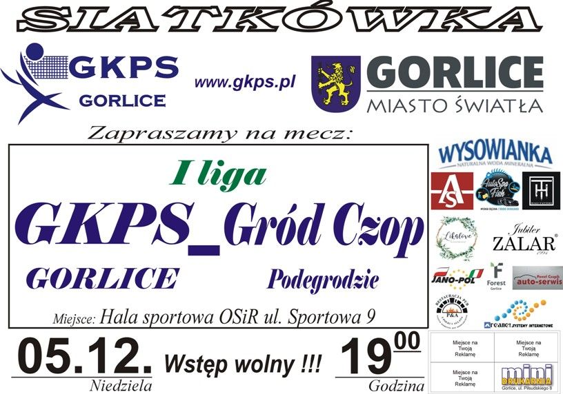 Plakat zapraszający na mecz GKPSu z Grodem Podegrodzie.