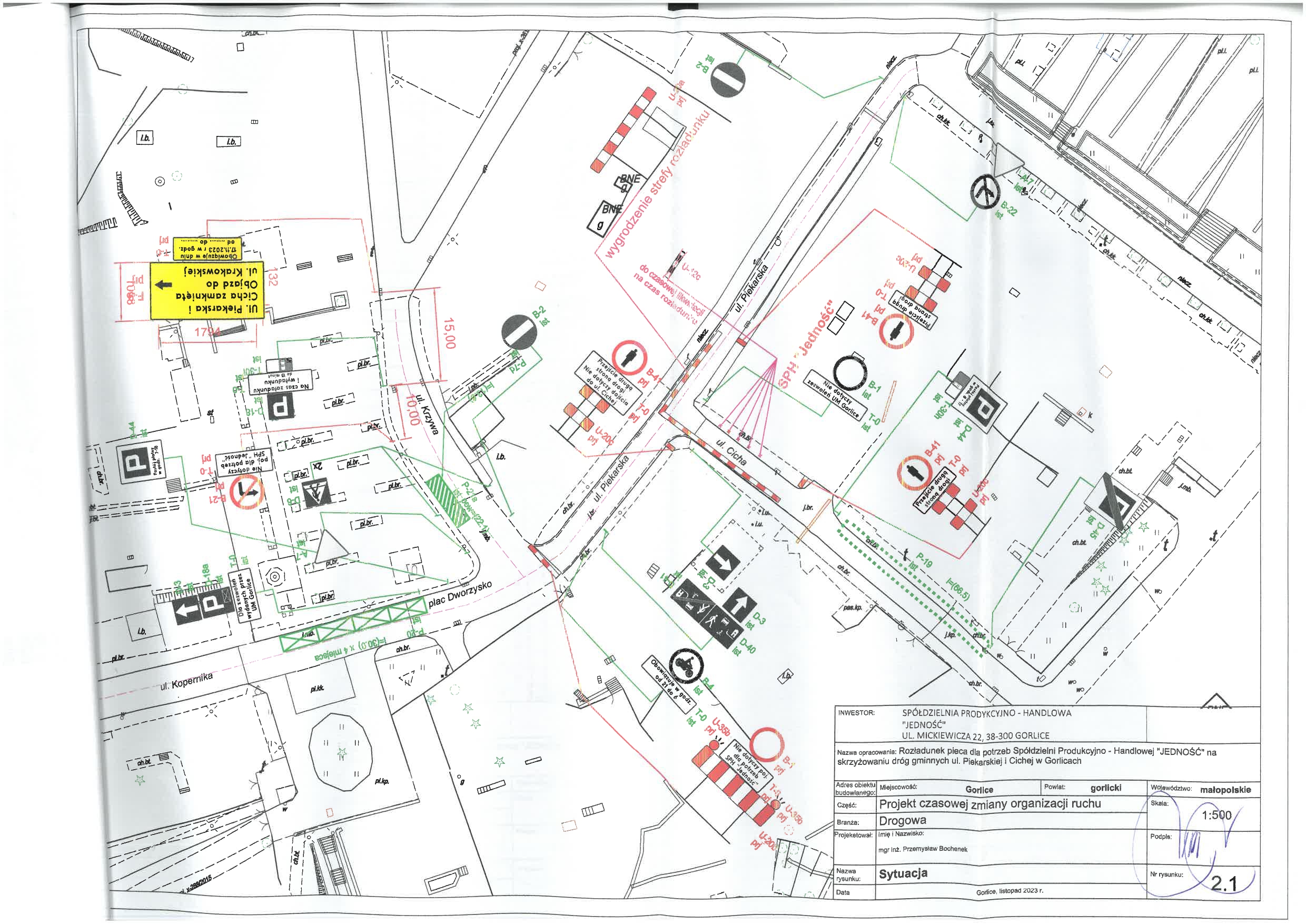 Mapka poglądowa - zmiana organizacji ruchu na ulicy Piekarskiej, Cichej i Wąskiej w dn. 17.11.2023 r., godz.: 12:00-15:00