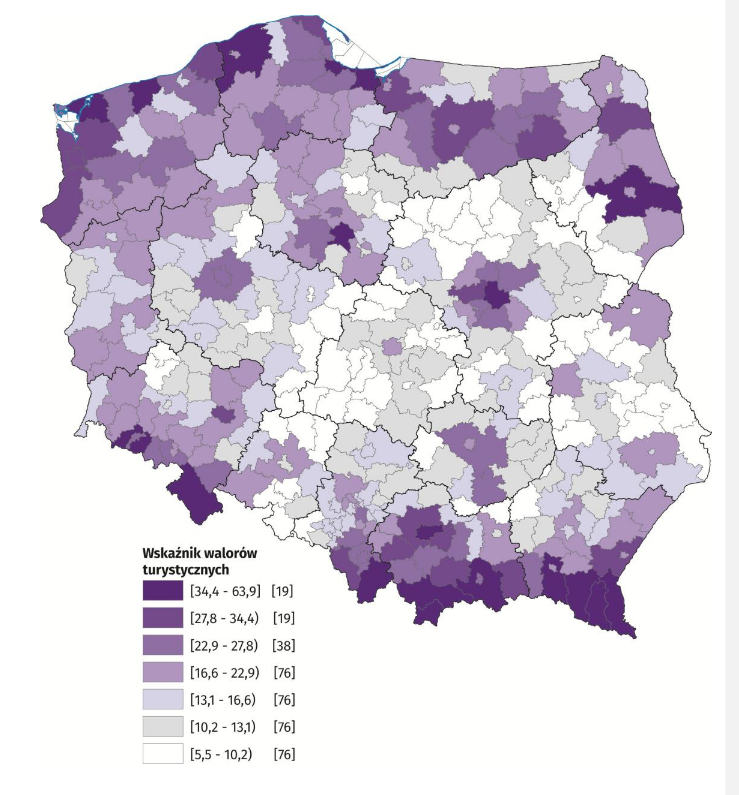 Walory tuirystyczne powiatów - mapka