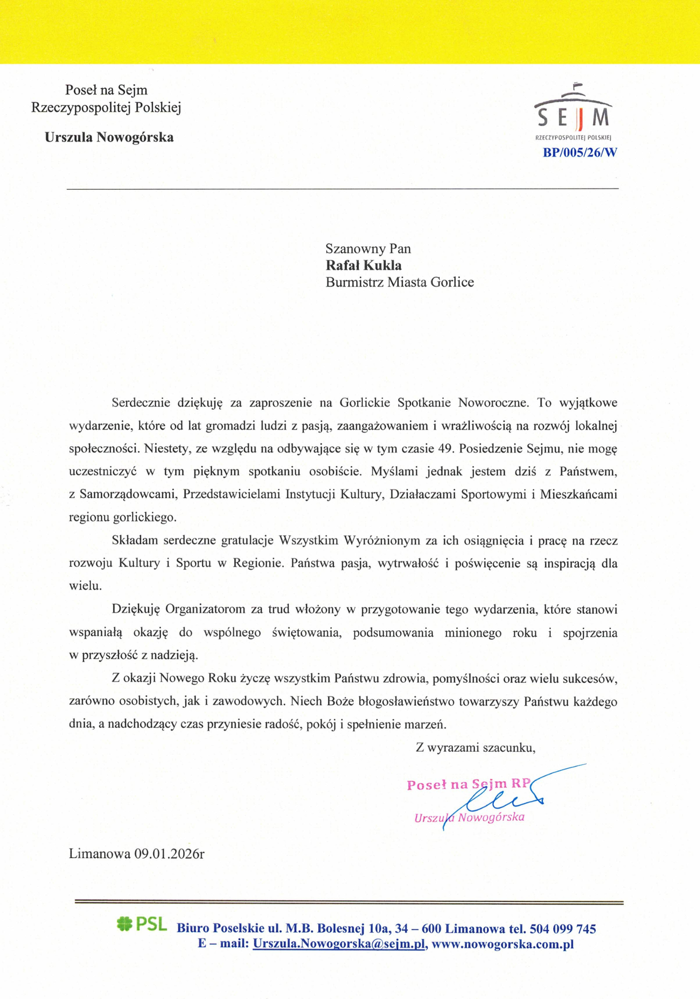 List okolicznościowy Psoeł na sejm Urszuli Nowogórskiej