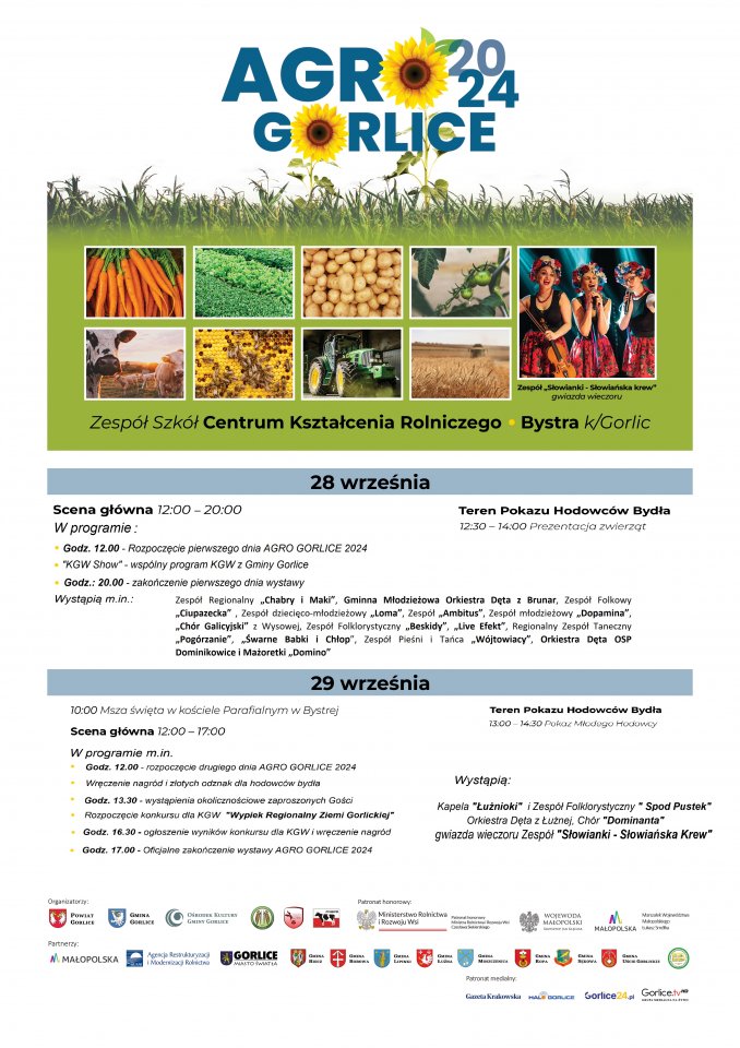 Plakat zapraszajacy na AgroGorlice z programem wydarzenia.