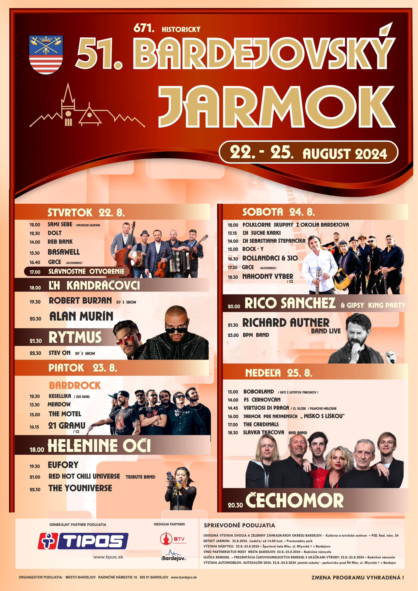 Program koncertów podczas Jarmarku w Bardejowie.