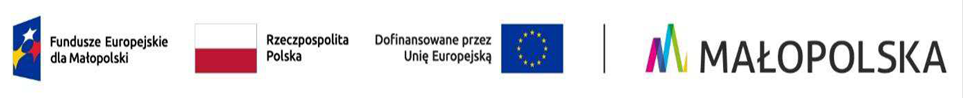 od lewej: logotyp Funduszy Europejskich, Flaga Rzeczypospolitej Polskiej, "Rzeczypospolita Pola", "Dofinansowano przez Unię europejską", flaga Unii Europejskiej, logo Małopolski