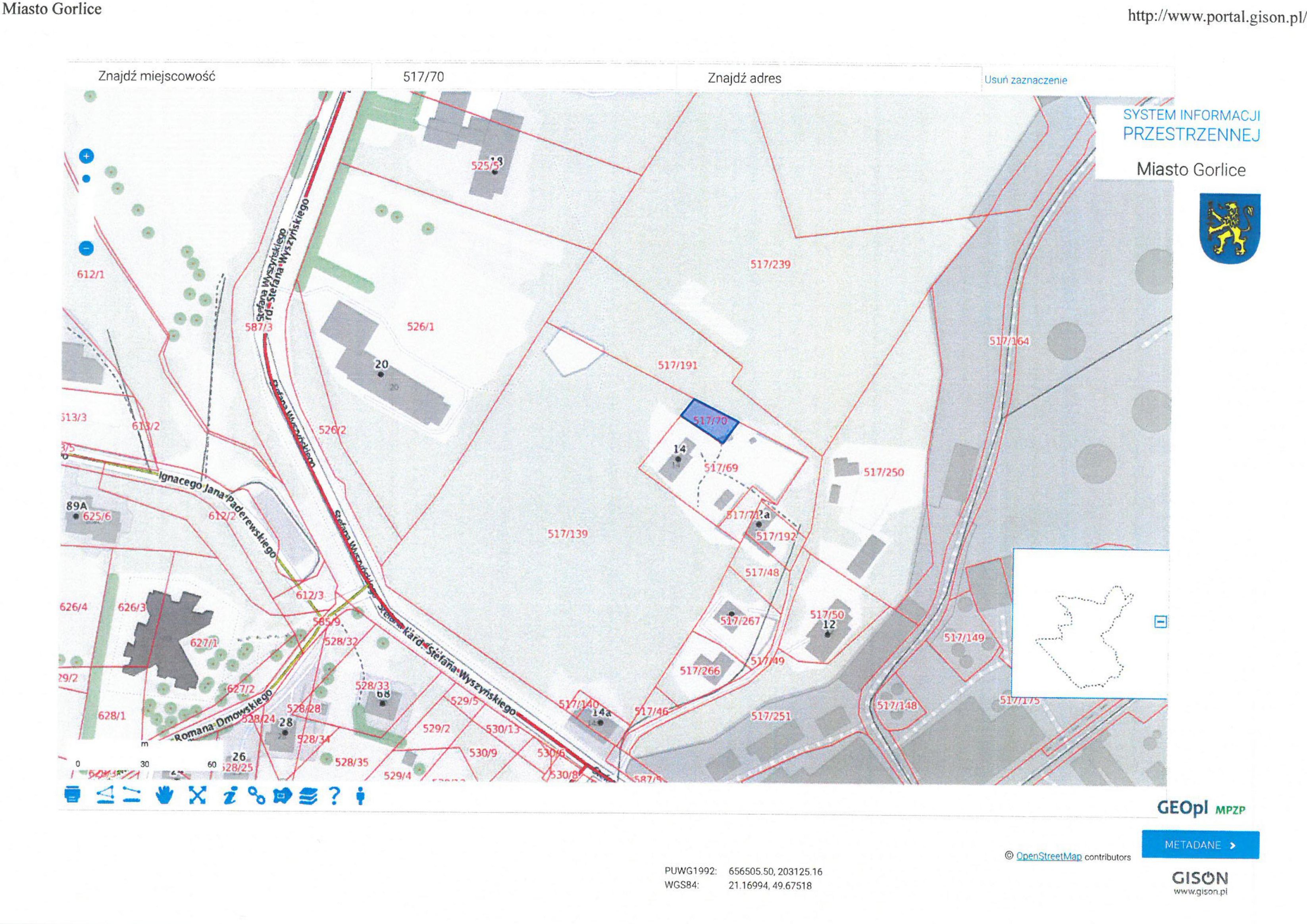 Mapa działki przy ul. Wyszyńskiego.