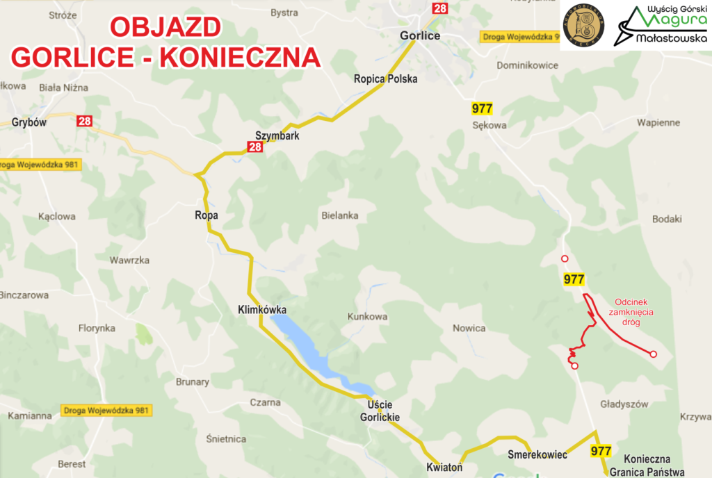 Mapa z objazdami.
