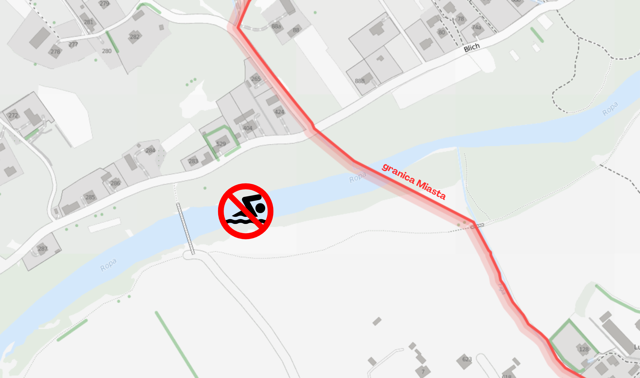 mapka pogladowa - zakaz kąpieli przy kładce pieszej w Ropicy Polskiej