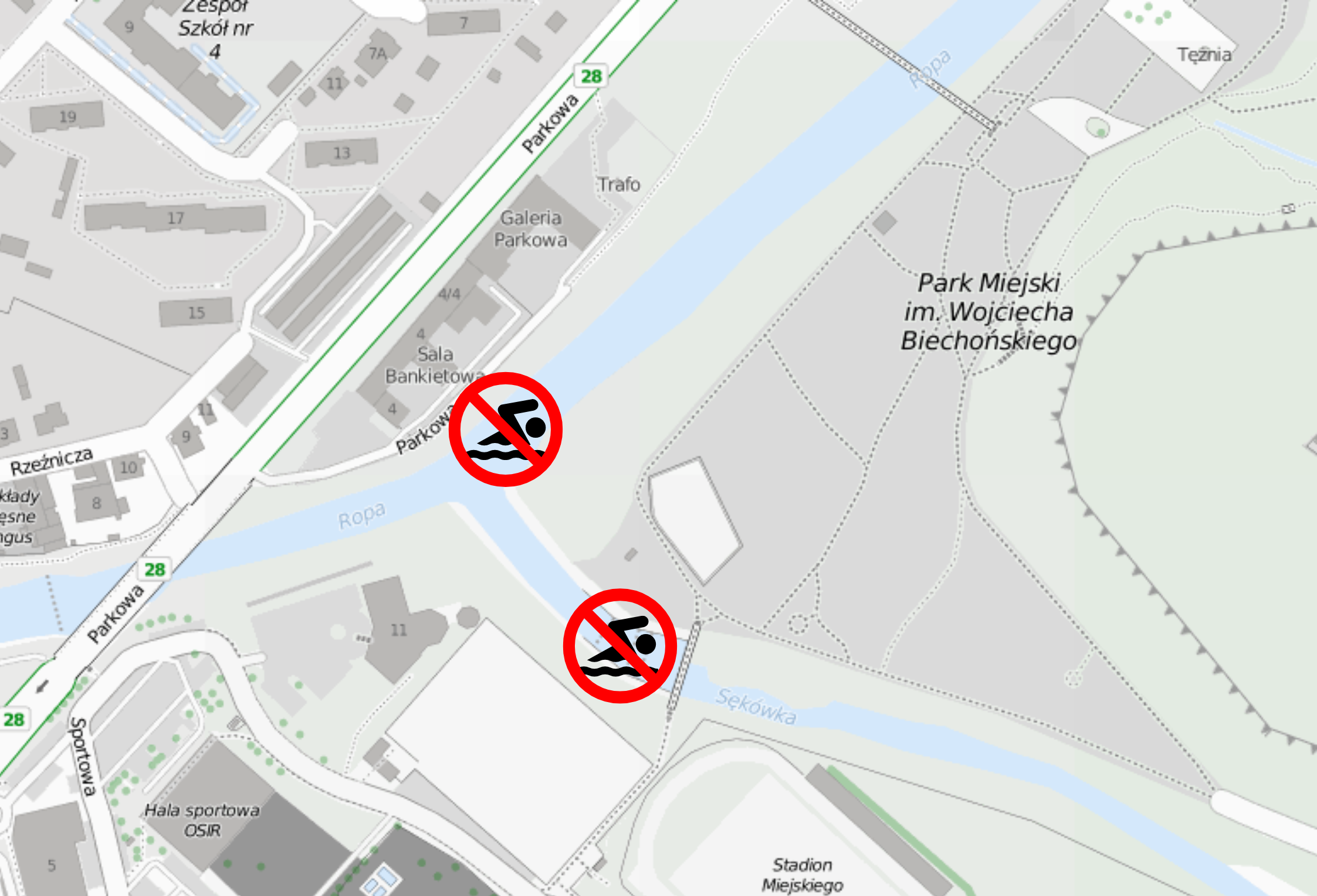 mapka pogladowa - zakaz kąpieli na rzece Ropie i Sękówce przy Parku Miejskim