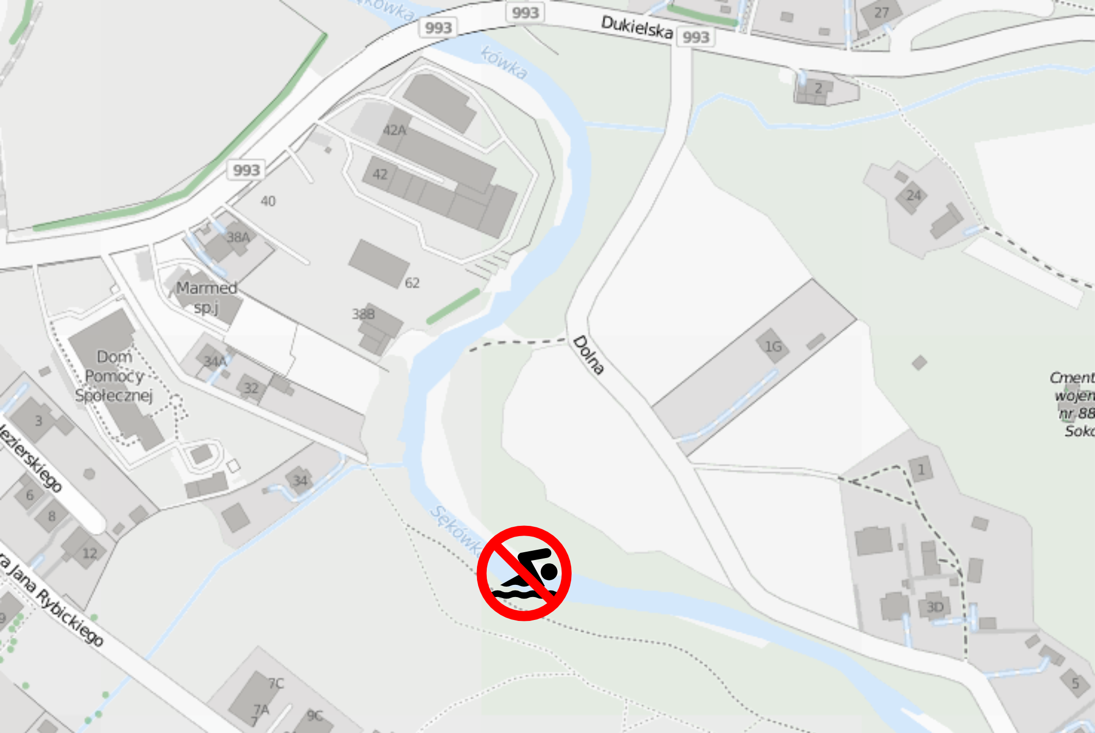 mapka pogladowa - zakaz kąpieli na rzece Sękówce w okolicach ul. Dolnej