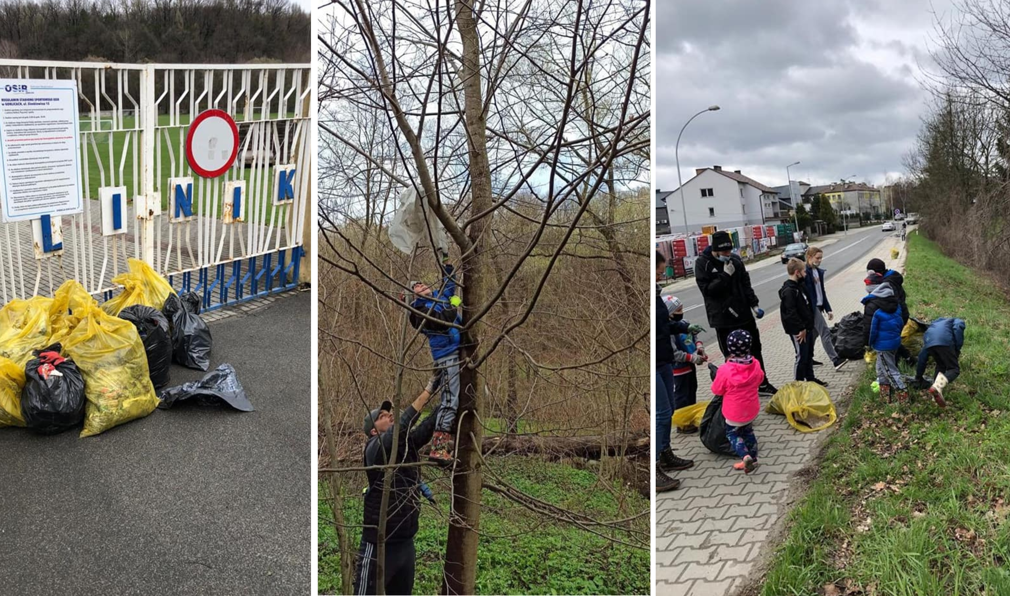 kolaż - uczestnicy sprzątający brzegi rzeki/ worki ze śmieciami