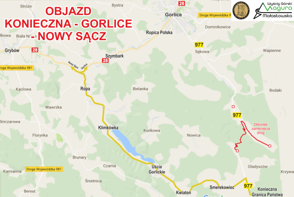 Mapa z objazdami.