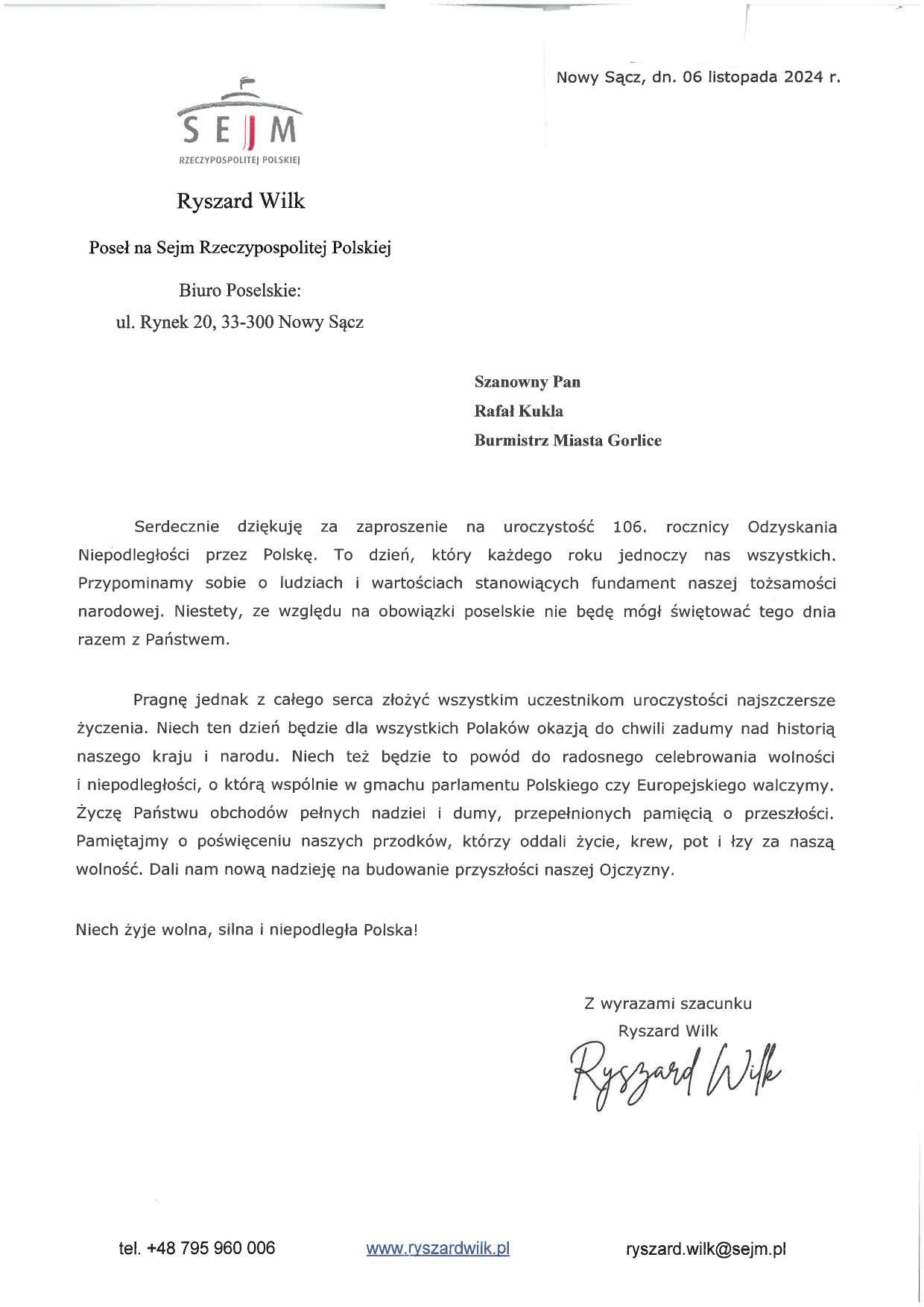 Listo okolicznościowy Posła na Sejm Ryszarda Wilka