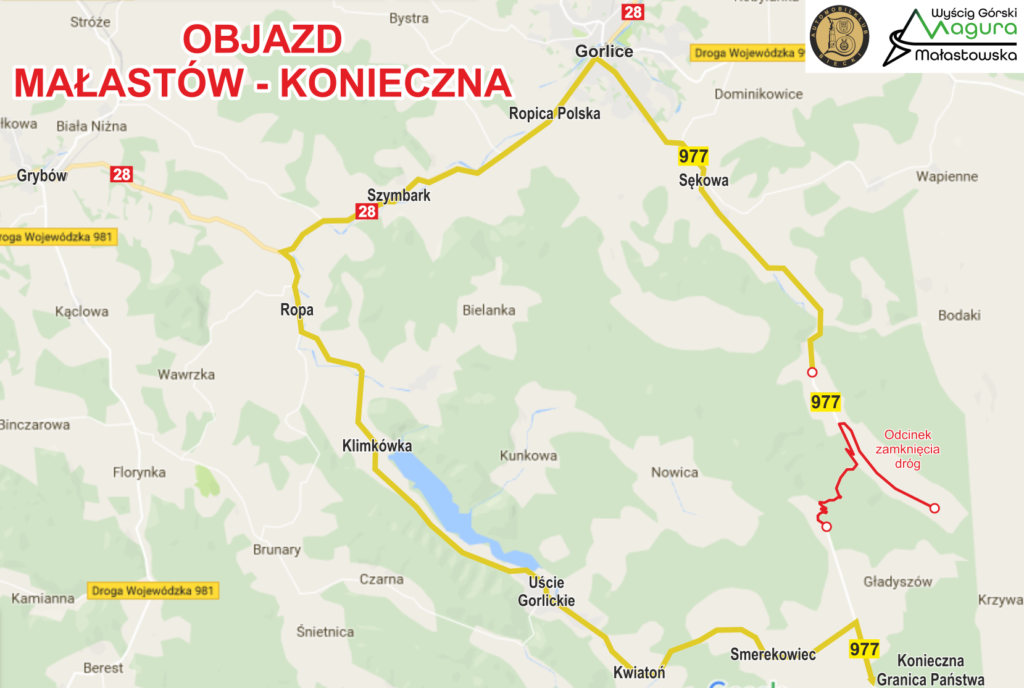 Mapa z objazdami.