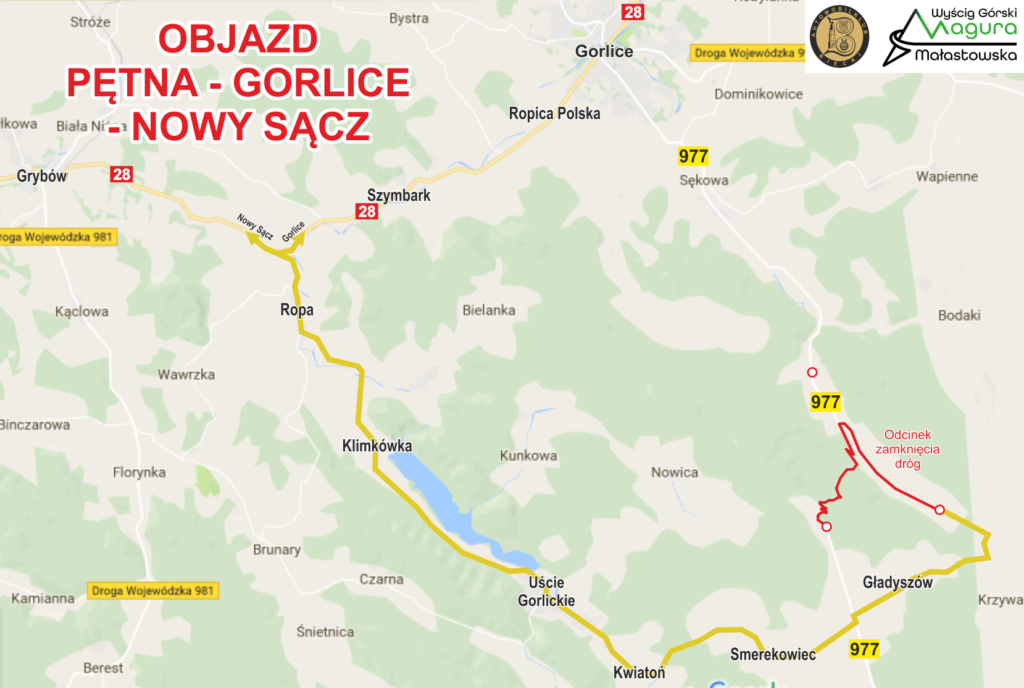 Mapa z objazdami.