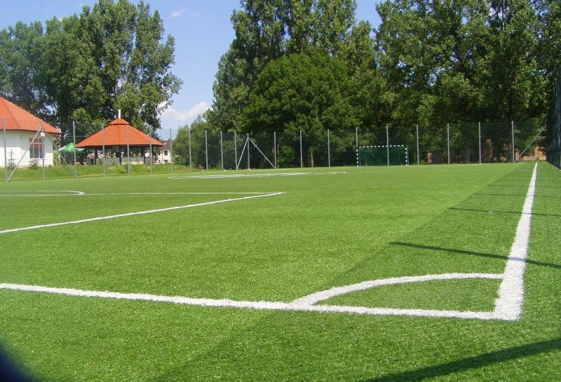 Widok na boisko piłkarskie ze sztuczną murawą.