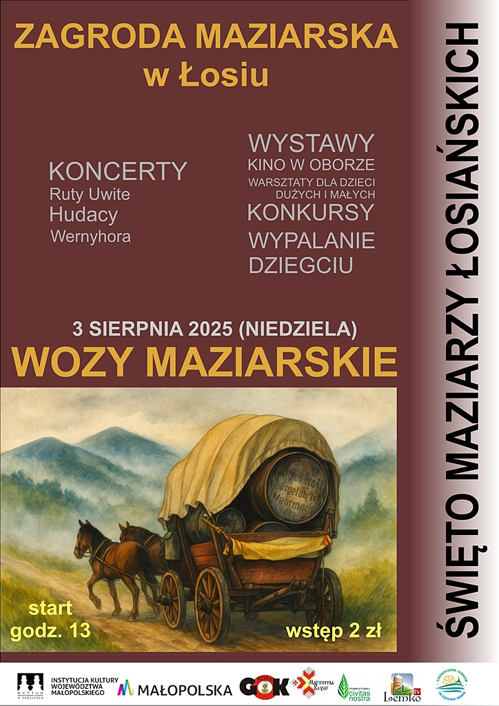 Plakat zapraszający na wydarzenie, na pierwszym planie wóz maziarkis.