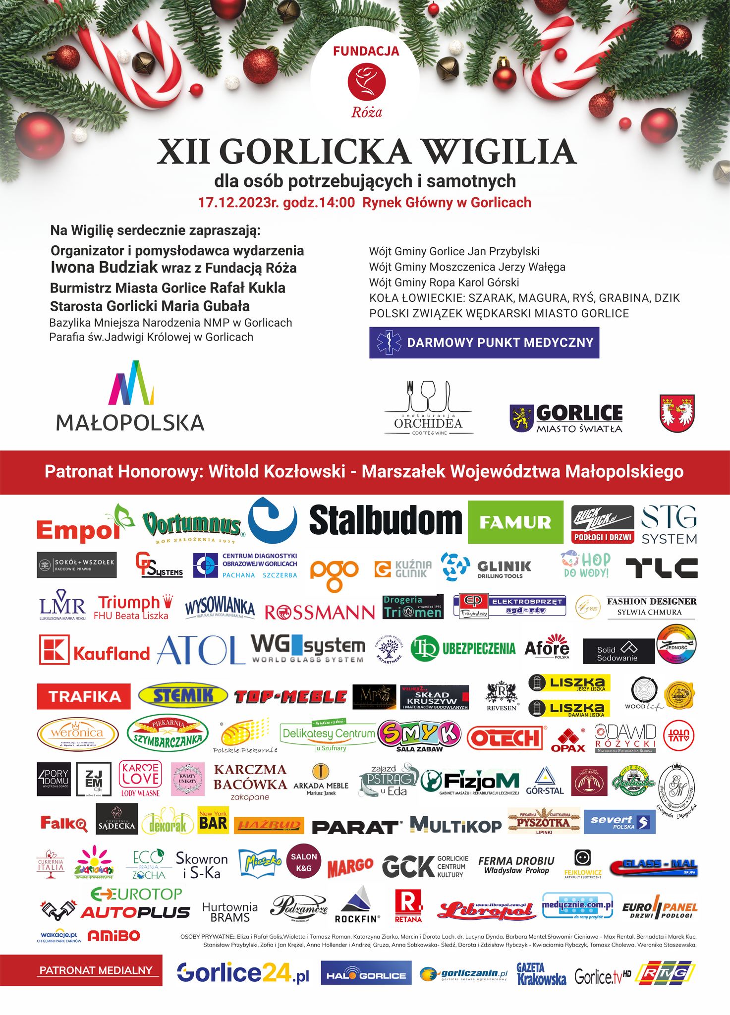 Plakat zapraszający na wigilię na gorlickim Rynku z logotypami sponsorów.