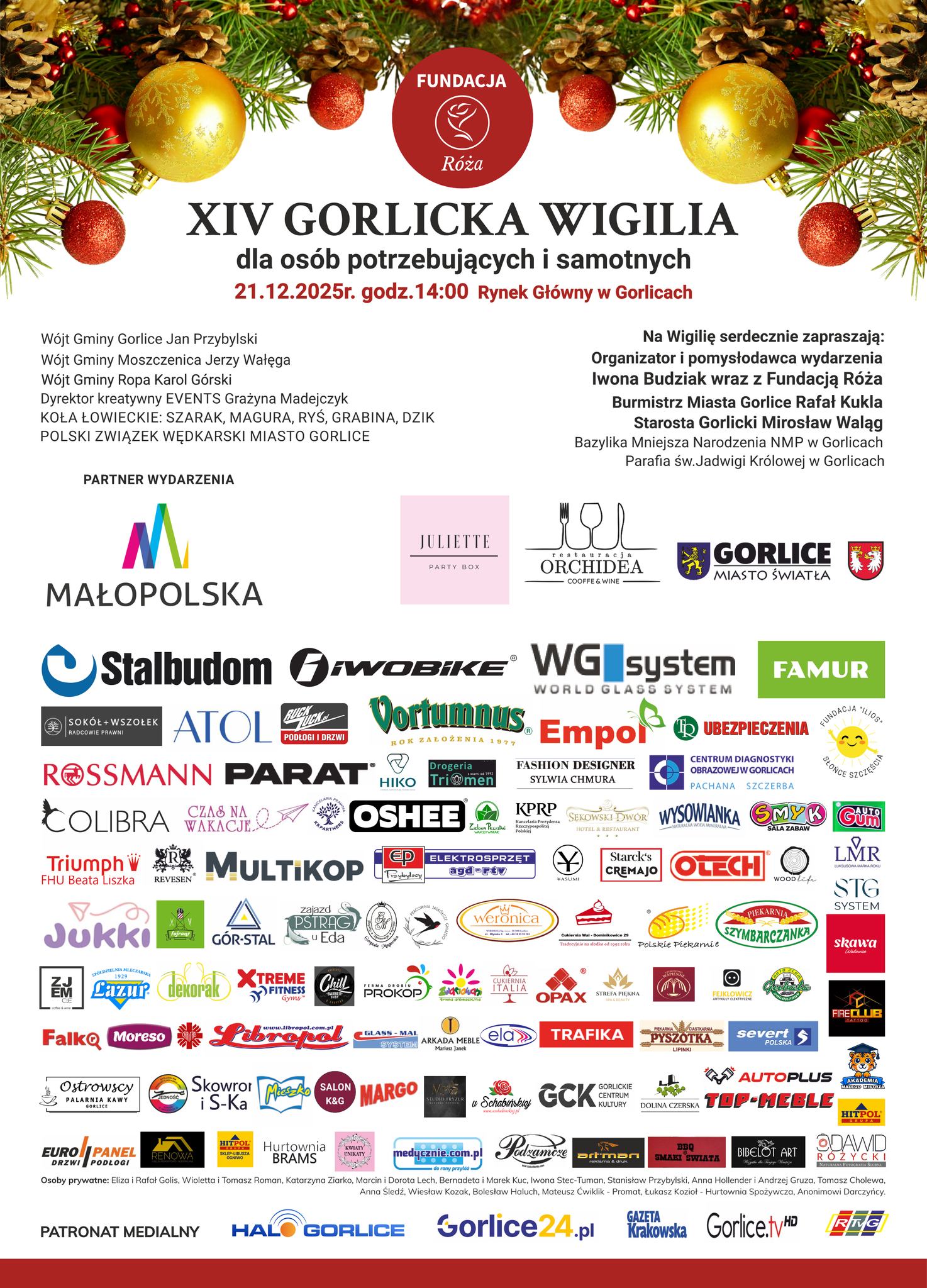 Plakat zapraszający na WIgilię z logotypami sponsorów.
