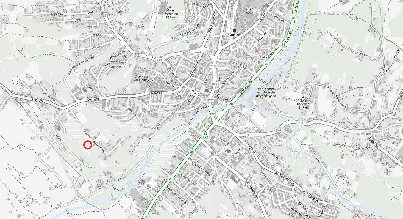 Mapa Gorlic z zaznaczoną działką przy ul. Wrońskich. Działka zaznaczona jest za pomocą czerwonej kropki.