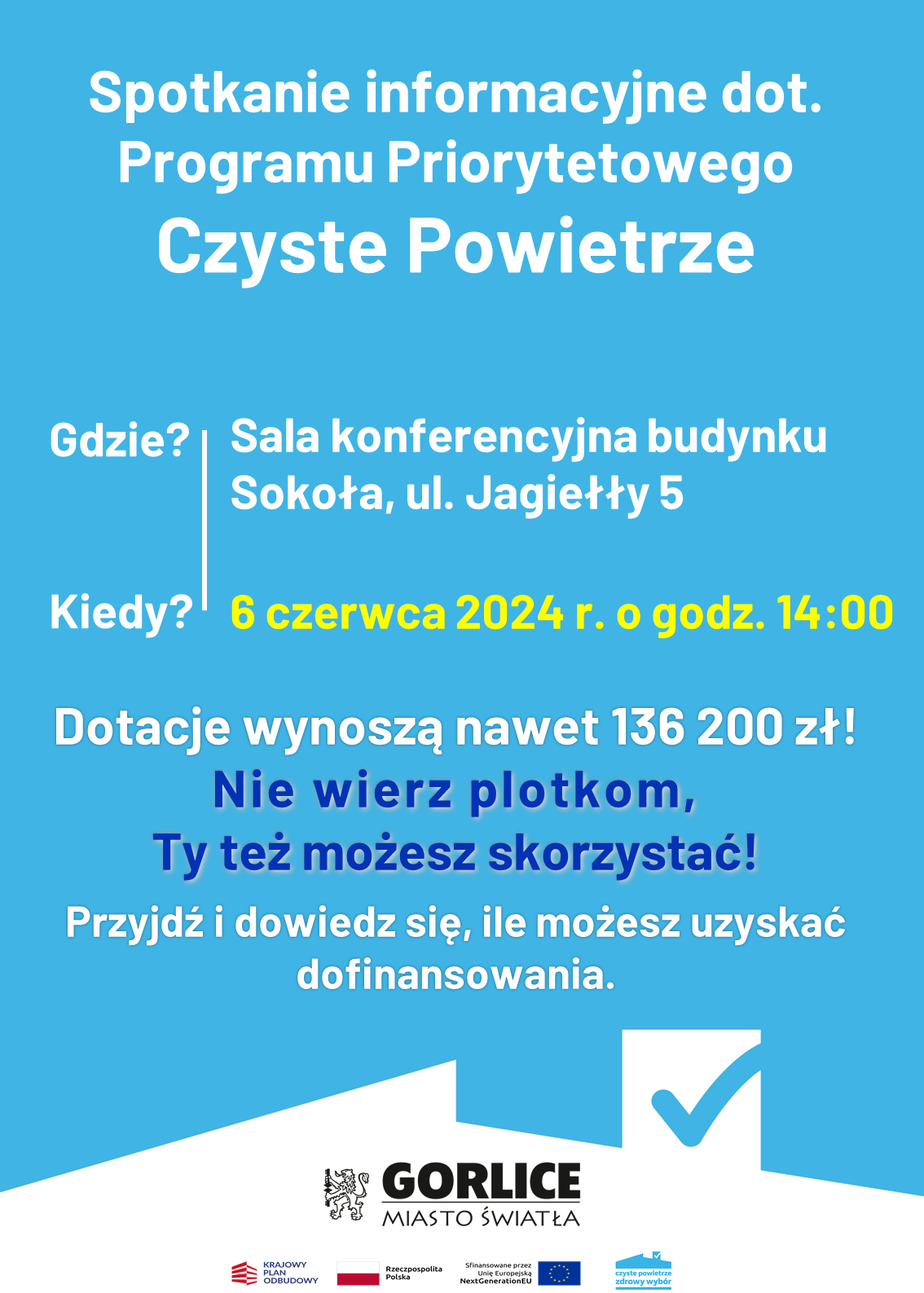 Plakat zapraszający na spotkanie. Białe napisy na niebieskim tle.