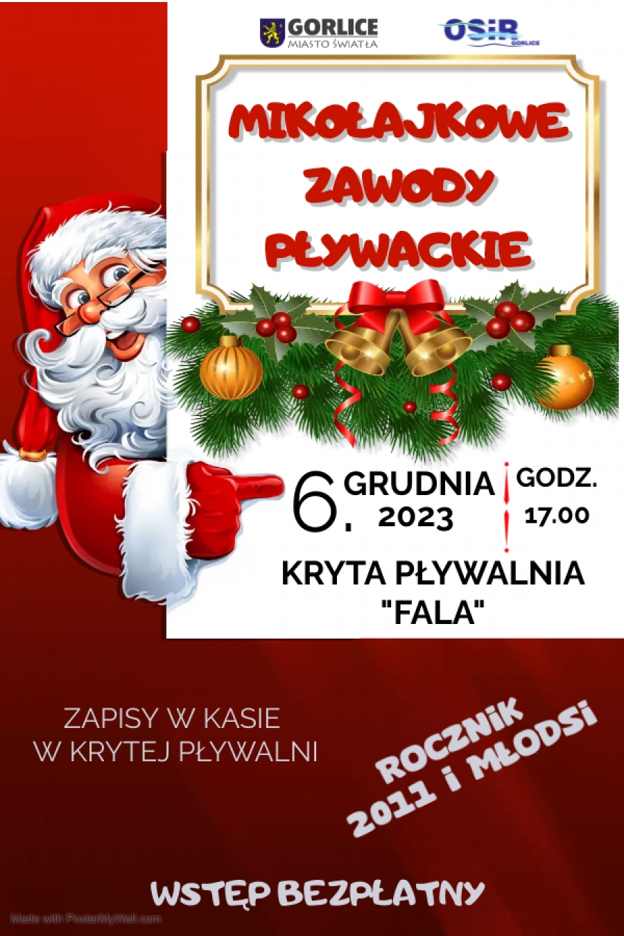 Plakat zapraszający na zawody pływackie.