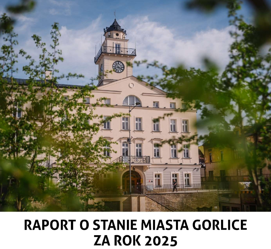 Ratusz miejski i napis: raport o stanie miasta.