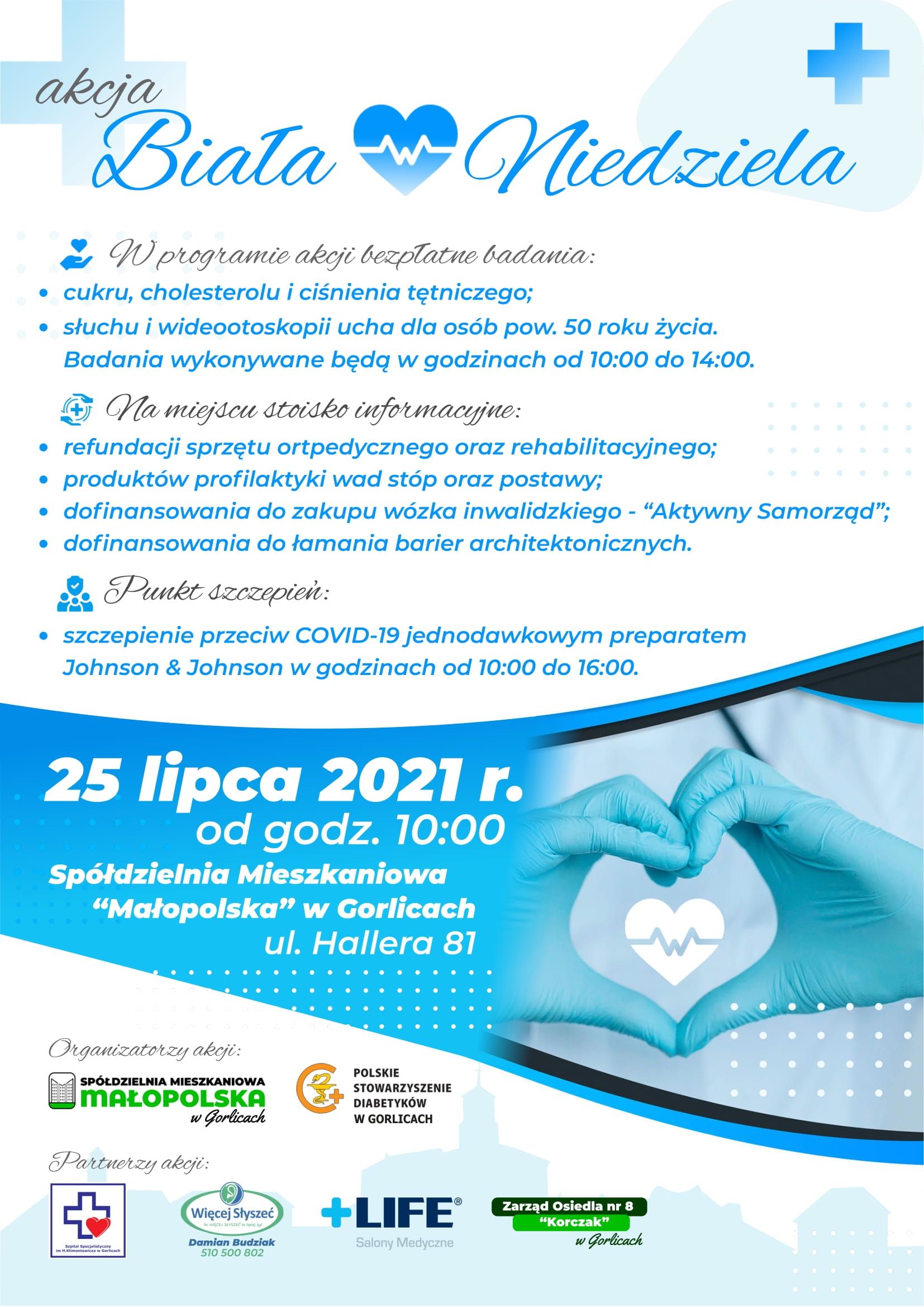 „Biała Niedziela” na Osiedlu Korczak Plakat akcji na niebieskim tle z programem wydarzenia i logotypami organizatorów.