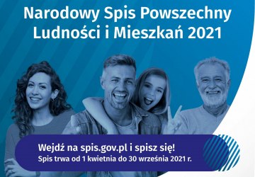 Plakat informacyjny o spisie powszechnym na niebieskim tle.