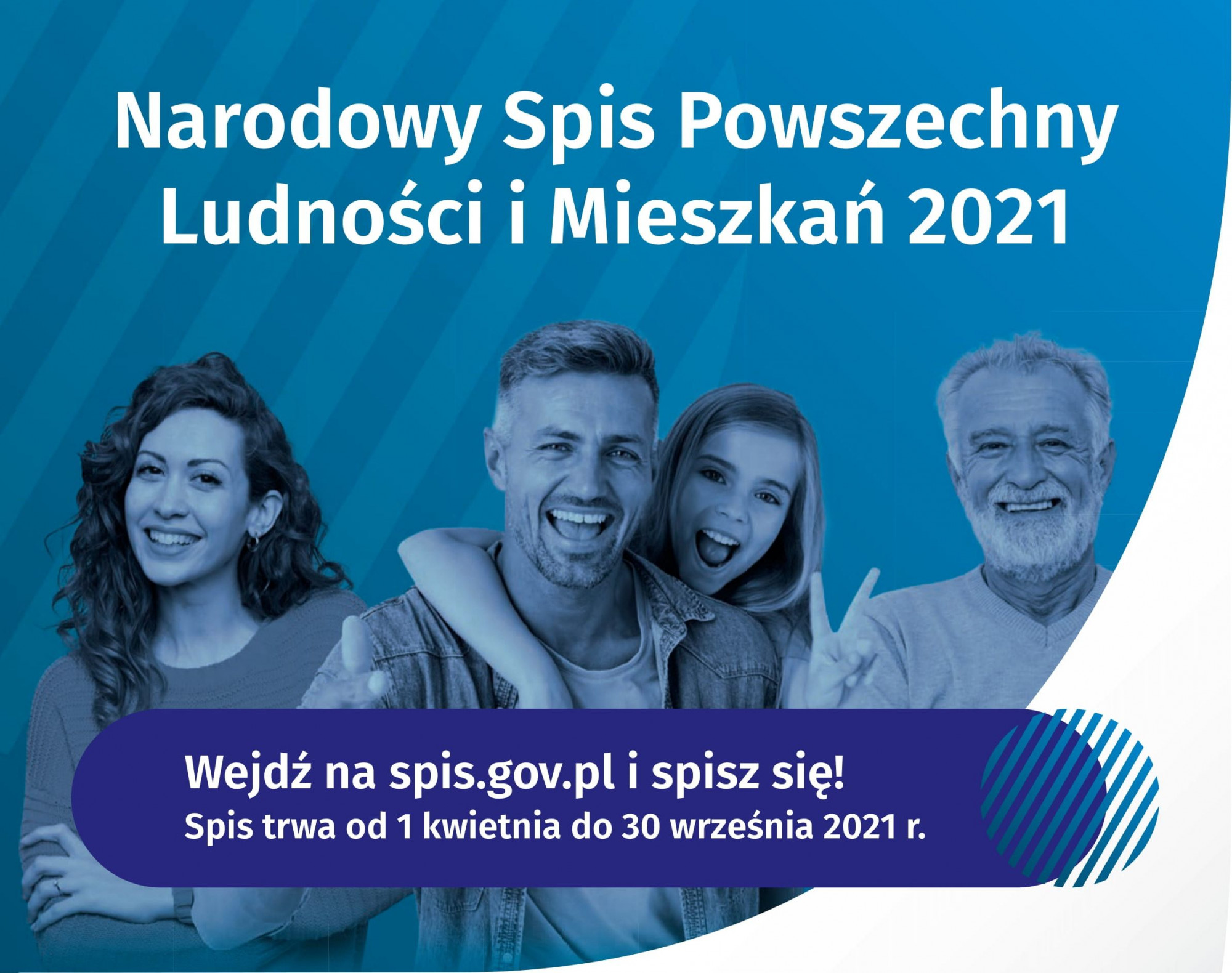 Plakat informacyjny o spisie powszechnym na niebieskim tle.