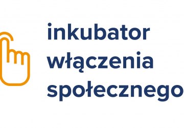 Niebieki napis: Inkubator włączenia społecznego na niebieskim tle.