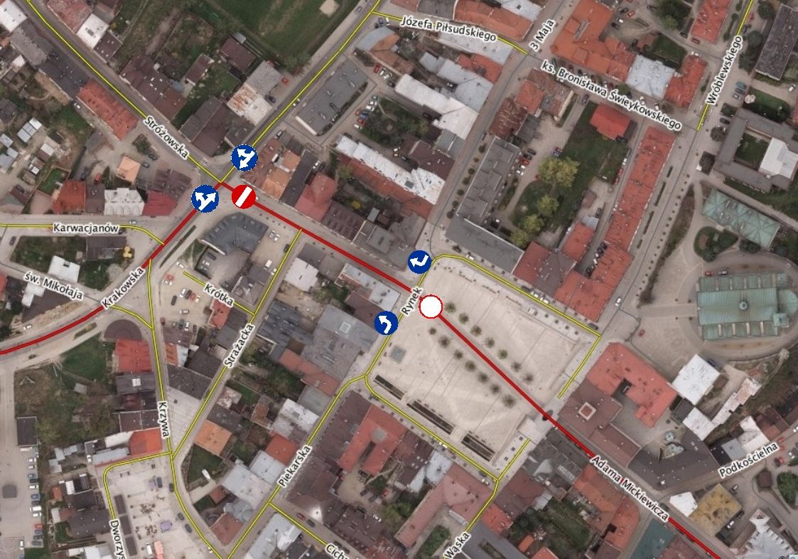 Mapa ze zmianą organizacji ruchu w okolicach gorlickiego Rynku.