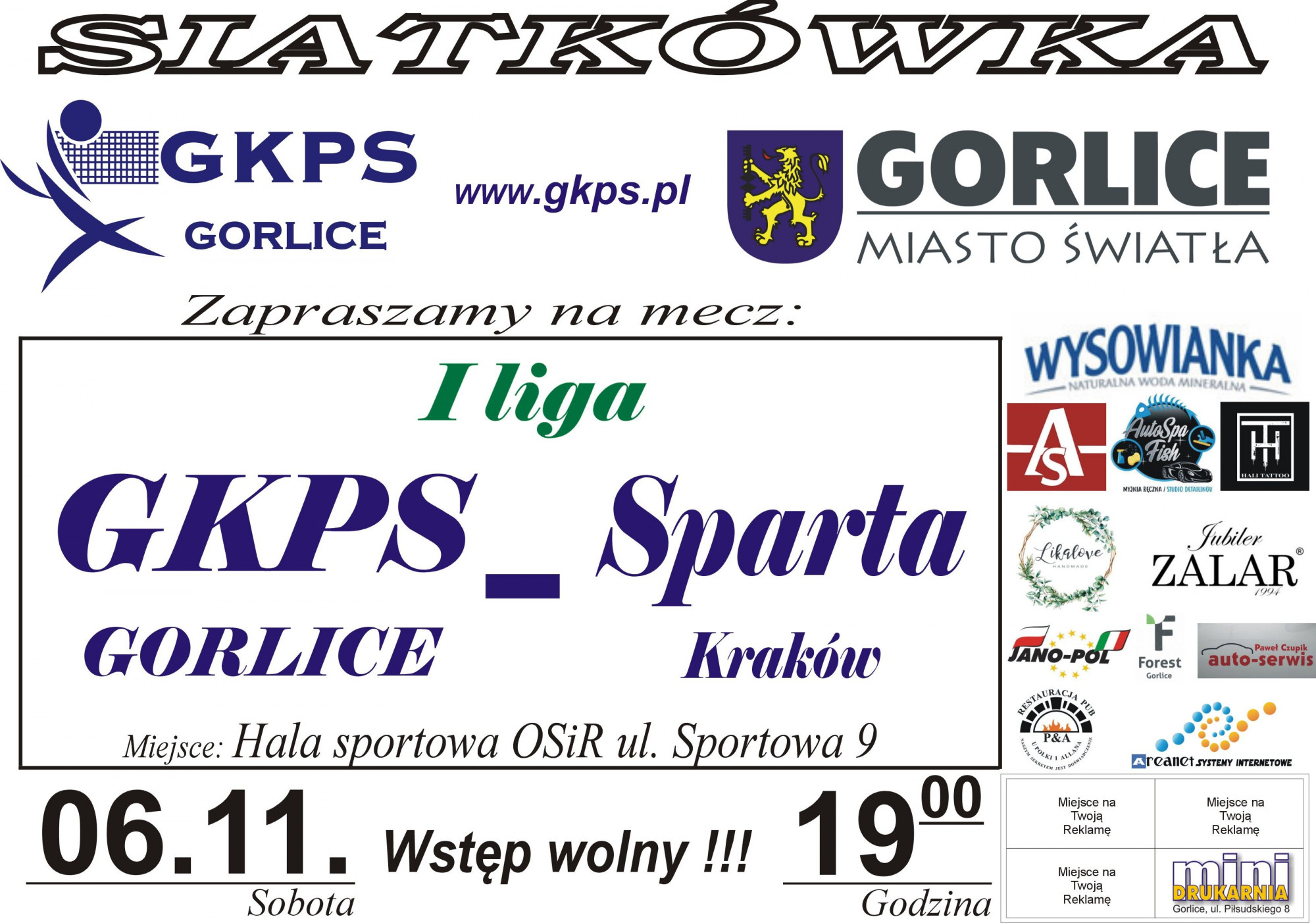 Plakat zapraszający na mecz z logotypami sponsorów wydarzenia.