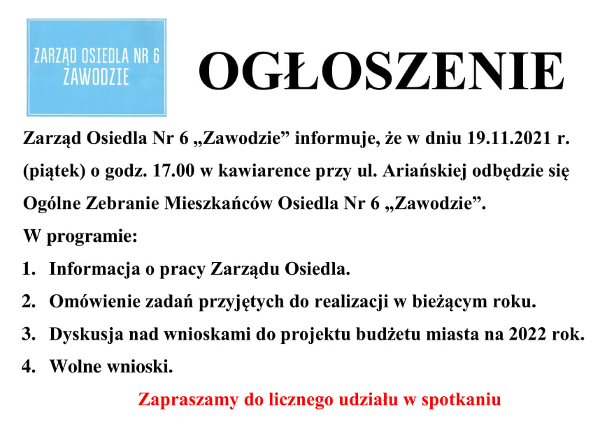 Zarząd Osiedla nr 6 informuje