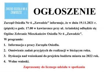 Zarząd Osiedla nr 6 informuje