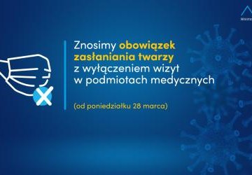 Napis znosimy obowiązek noszenia maseczek na niebieskim tle.