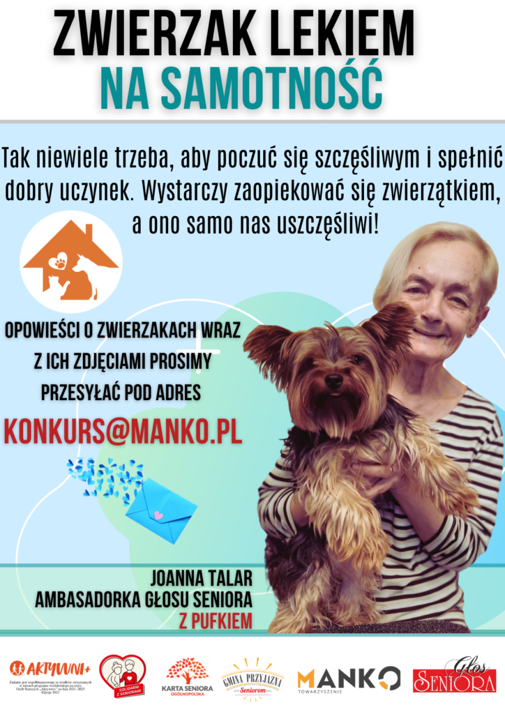 Plakat zapraszający do udziału w konkursie - starsza kobieta z psem na rękach.