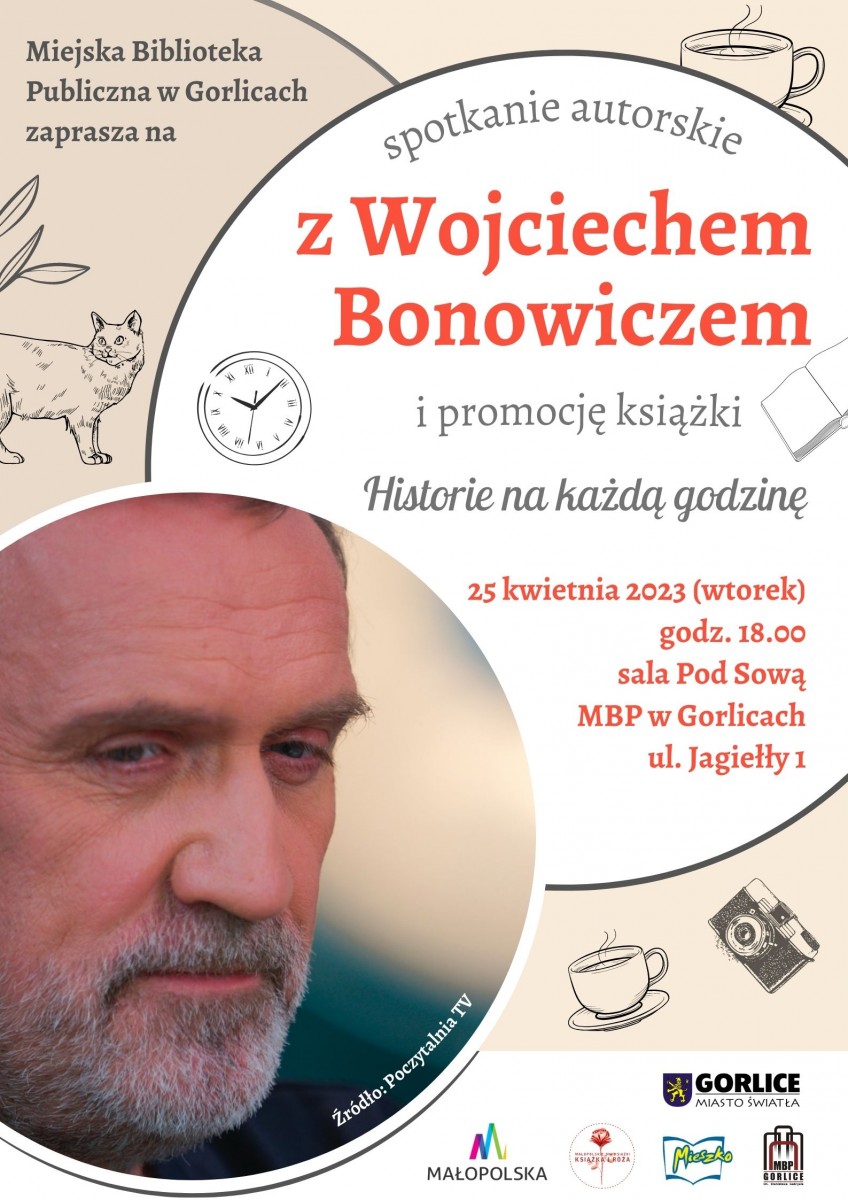 Plakat zapraszający na spotkanie autorskie - w tle wizerunek Bonowicza.