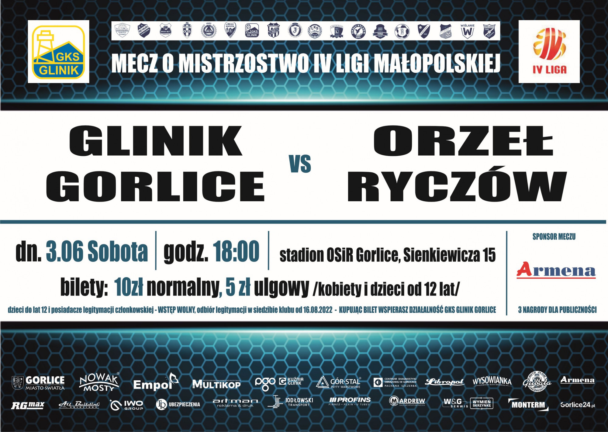 Plakat zapraszający na mecz Glinika Gorlice.