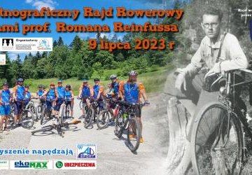 Plakat zapraszający na rajd, na pierwszym tle grupa rowerzystów.